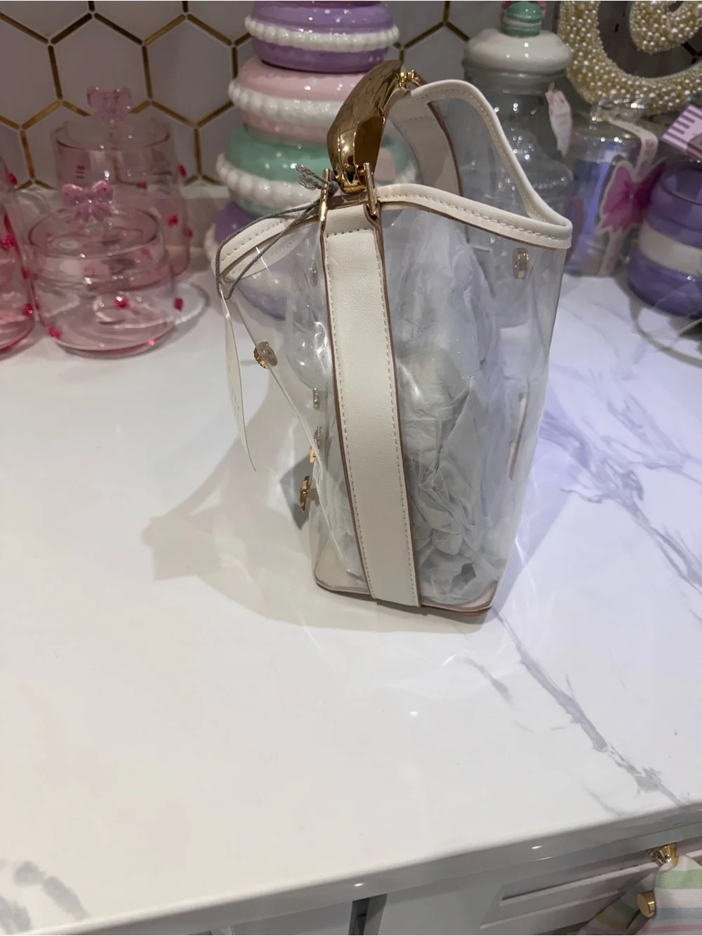 A new day Clear Tote with White Trim and Gold Accents